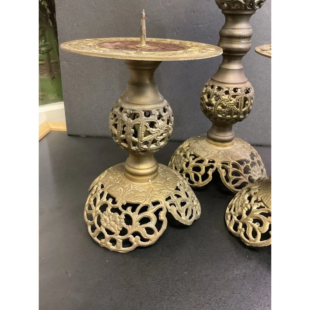 Vintage MCM Brass Filigree Set Of Candle Holders Pedestal